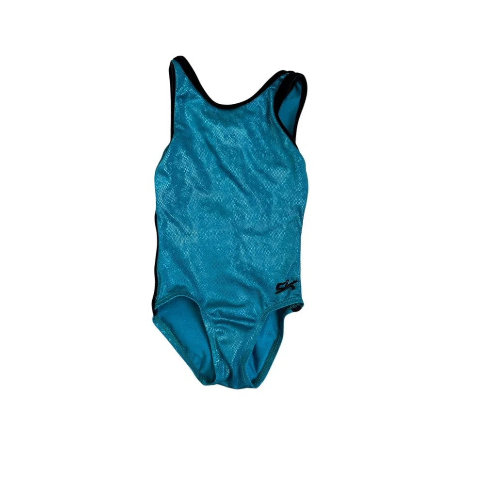 GK Elite Turquoise Shimmer Velvet Trim Gymnastics Sleeveless Leotard Girls Small